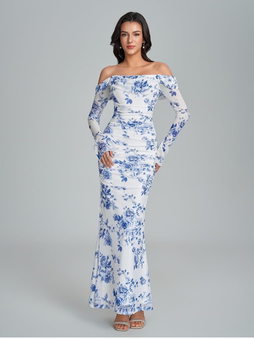 Off-Shoulder White Maxi Dress with Blue Floral Print